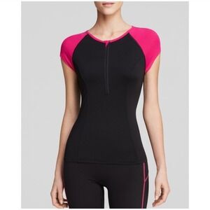 SPANX Activewear‎ Zip Front Short Cap Sleeve Top Black Pink L/G Athletic Cycling